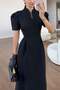 Black Judge Collar Waist-Slit Dress - 4