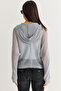 Women's Gray Zippered Glittery Bat Sleeve Hooded Mercerized Cardigan 2875 60286604 - 8