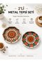 2 Pieces Round 30 cm Metal Coffee Presentation Tray Modern Ethnic Patterned Tea Coffee Serving Tray