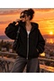 Women's Black Shiny Glitter Detailed Shardonlu Thick Hooded Sweat Cardigan