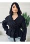 Black Stand Collar Belted Slim Short Trench Coat - 3