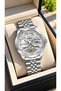 Automatic Battery-Free, Skeleton Case, Silver Color Steel Band, White Dial, Men's Wristwatch in Stylish Box