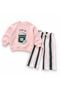 Girls' Pink Cotton 3-Yarn Sweatshirt Striped Pants Set 2-8 Years - 3