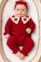 Baby Girl Strawberry Knitted Collared Jumpsuit Set, 2-Piece, Cotton Headband Included - 2