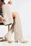 Jike Premium Non-Removable Pointed Toe Heeled Boots Beige Patent Leather