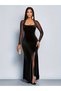 Women's long sleeve geometric collar detailed tulle slit long velvet dress - 3