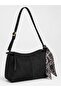 Black Suede Women's Shoulder Bag with Scarf Detail and Adjustable Strap with Zipper - 3