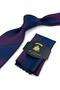 Navy Blue Burgundy Line Pattern Classic Tie with Handkerchief Kk14031 - 3
