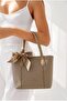 Women's Hand and Shoulder Bag with Scarf Accessory Tote Beige Daily Stylish Sleeved Mink - 4