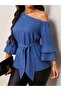 Women's One-Shoulder, Three-Quarter Sleeves, Belted Waist Sofia Blouse - 3