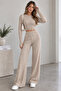 Women's Finger-Loop Ribbed Knitwear 2-Piece Set Crew Neck Crop Sweater Pants - 2