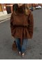 Brown Stand Collar Suede Belted Jacket - 2
