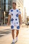 Men's Shorts T-Shirt Set Blue Floral Printed 100% Cotton Summer Top and Bottom Set - White - 2