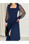 Women's Navy Blue Crepe Fabric Belted Long Tulle Sleeve Square Neck Midi Length Dress 3D-2436 - 3
