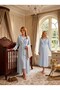 New Season Blue Double-Breasted Collared Full-Length Nursing-Friendly Design Long Sleeve 100% Cotton Maternity Nightgown Set - 4