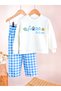 Girl's Figure Patterned Ecru Sweatshirt Blue Checkered Gabardine Denim Unlined Top and Bottom Set - 2