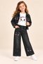 Girl's Cat Embroidered Black Jeans 3-Piece Set |   Jacket, Printed T-Shirt, and Wide-Leg Pants - 5