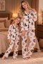Mother and Daughter Matching Long-Sleeved Buttoned Suede Beige Color Pajama Set (the Price Is for One Set)