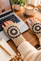 Women's Fingerless Knitted Gloves Cream Beige Floral Motif Handmade Winter Gloves - 3