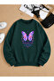 Women's Winter Sweatshirt Purple Pink Butterfly Flower Printed Oversize Crew Neck Sweatshirt Bloom Fear Printed