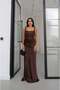 Brown Embroidered Corset Detailed Slit Dress