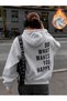 Gray Do What Happy Sweatshirt - Printed Oversize Hooded Sweatshirt - 5