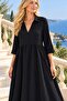 Women's V-Neck Three-Quarter Sleeves Slit Detailed Loose Long Maxi Aerobin Dress - 3