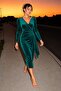 Women's Double-Breasted V-Neck Long Sleeve Draped Velvet Midi Evening Dress with Ruffle Detail - 3