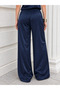 Women's Navy Blue Lace-Up Waist Satin Wide-Leg Trousers Nj190 - 4