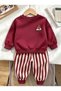 100% Cotton Burgundy Sweatshirt Striped 2-Piece Baby Boy & Kids Set - 3