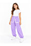 19010-26 Girl's Text Printed White Stripe Detailed Elastic Jogger Sweatpants 9–12 Years Old - 2