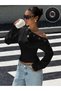 Women's One-Shoulder Asymmetrical Collar Metal Detailed Draped Long Sleeve Blouse - 2