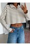 Polo Collar Striped Crop Sweatshirt - Blue - 5