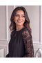 Women's Black Crew Neck Long Sleeve Blouse with Lace Transparent Detail - 5