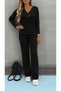 Women's Long Sleeve V-Neck Fleece-Lined Ribbed Knit Blouse and Pants Double Suit - 4