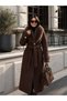 Women's Brown Faux Fur Collar Long Cashmere Coat / Overcoat with Gold Button Detail and Belt - 3