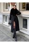 Women's Brown Faux Fur Collar Long Cashmere Coat / Overcoat with Gold Button Detail and Belt - 4