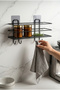 Adhesive Matte Black Spice Rack - No Drilling Required Kitchen Organizer Wall Shelf with 4 Hooks - 7