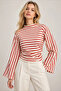 Women's ecru red striped blouse with ruched sides and spanish sleeves - 5