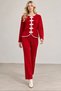 Women's Red Special Design Stylish Decorative Buttoned Cardigan Wide Leg Pants Bottom Top Double Knitwear Jewelry - 2