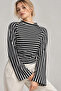 Women's Navy Blue Striped Gathered Side Spanish Sleeve Blouse - 3