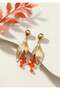 Leaf Detailed Coral Color Beaded Earrings 8X2 cm - 4