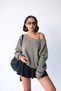 Women's 3 Thread Ribbed Off-Shoulder Wide Boat Neck Oversize Sweatshirt - Khaki - 3