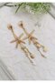 Pink Stone Starfish and Seashell Detailed Gold Long Earrings 11X3.5 cm