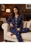 Women's Long Sleeve Shirt Collar Single Jersey Fabric Cotton Teddy Bear Patterned Pajama Set - Navy Blue