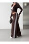 Women's Brown 2-Piece Softtouch Modal Fabric Tracksuit Set Hooded Zippered Crop Sweatshirt with Wide Legs and 3 Pants Pm2089