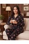 Women's Long Sleeve Shirt Collar Single Jersey Fabric Cotton Teddy Bear Patterned Pajama Set - Black