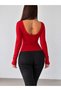 Women's Red Wide Collar Backless Lace Gupure Detail Long Sleeve Slim Fit Stylish Blouse Bg10009