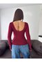 Women's Burgundy Wide Collar Backless Lace Gupure Detail Long Sleeve Slim Fit Stylish Blouse Bg10009