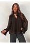Women's V-Neck Long Sleeve Chiffon Blouse with Halter Neck Detail - 8